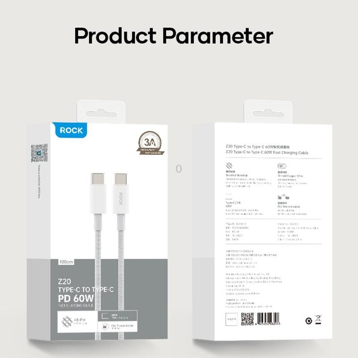 ROCK Z20 60W USB-C / Type-C to USB-C / Type-C Fast Charging Data Cable, Length:1m(Grey White)