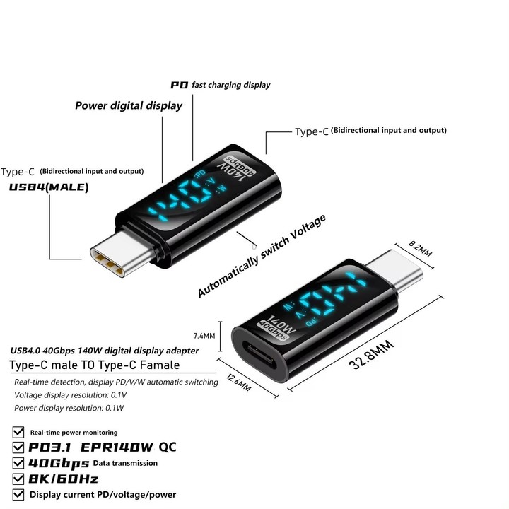 Type-C Male to Type-C Female 140W Charging Adapter with Digital Display(Black)