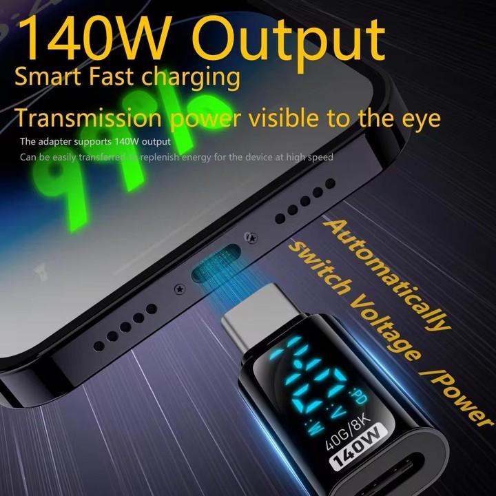 Type-C Male to Type-C Female 140W Charging Adapter with Digital Display(Black)