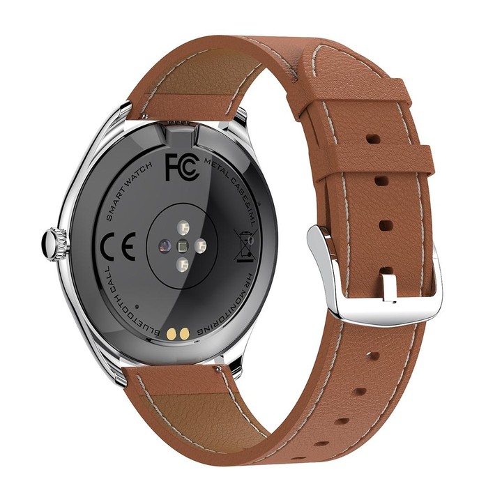MT55 1.43 inch AMOLED HD Screen Ultra-thin Smart Call Health Watch, Leather Strap(Silver Brown)