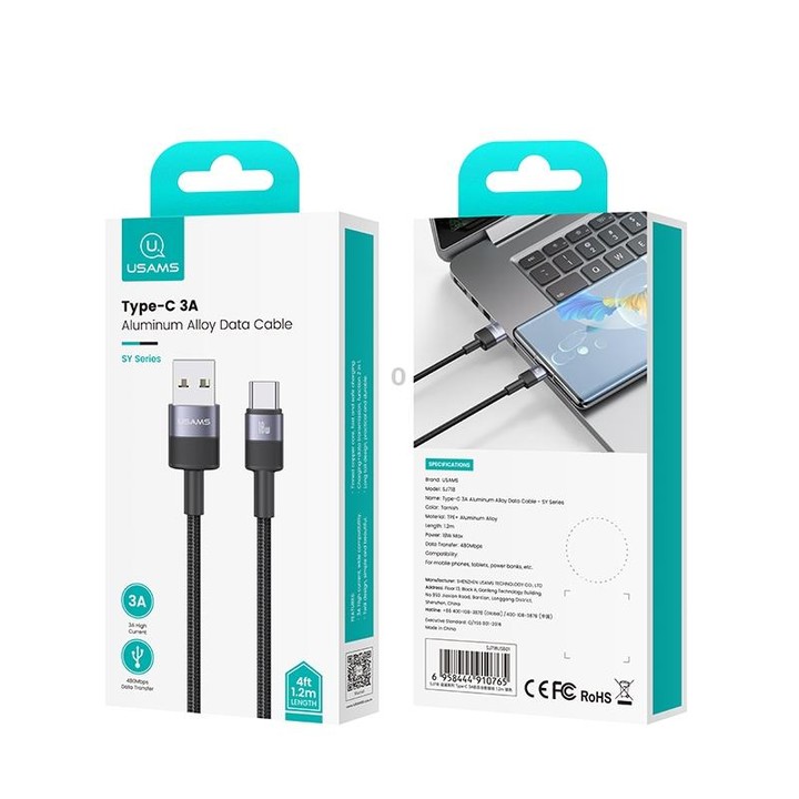 USAMS SJ718 3A USB to USB-C/Type-C Aluminum Alloy Data Cable, Length: 1.2m(Tarnish)
