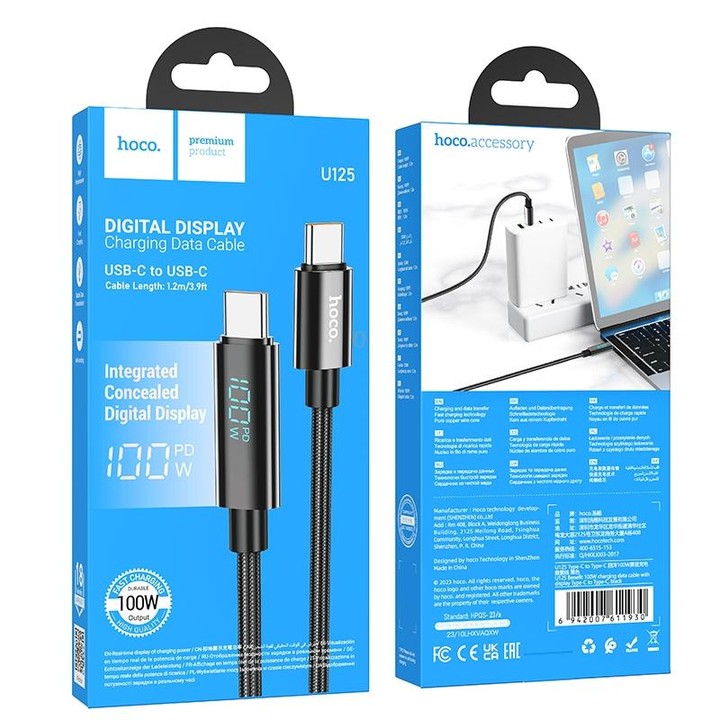 hoco U125 Benefit 1.2m 100W Type-C to Type-C Fast Charging Data Cable with Display(Black)