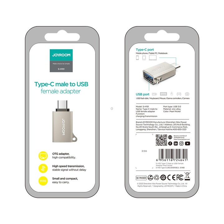JOYROOM S-H151 Upgraded Version USB-C / Type-C Male c 3.0 Female OTG Adapter(Pearl Nickel)