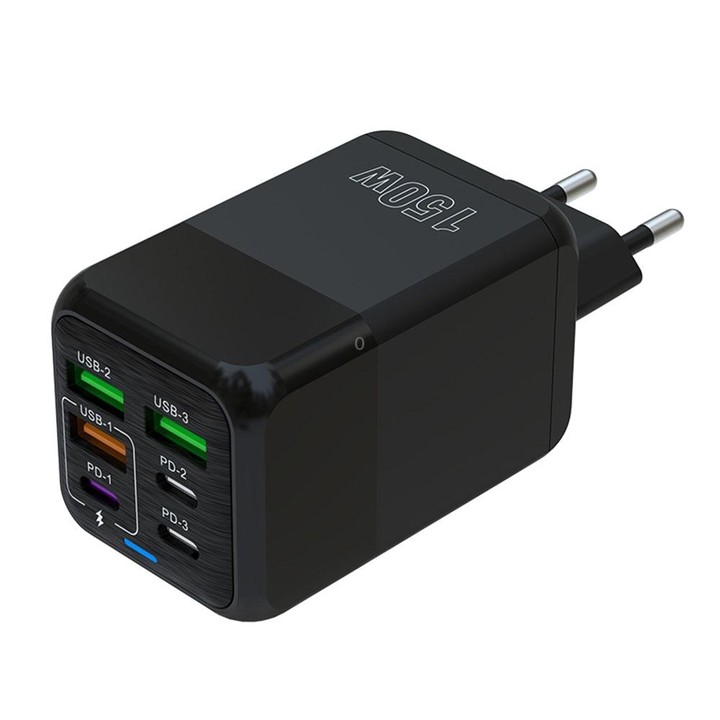 150W 3 x USB + 3 x USB-C / Type-C Multi-port Fast Charger, EU Plug(Black)