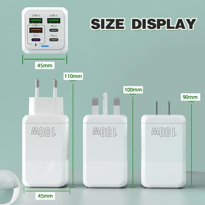 150W 3 x USB + 3 x USB-C / Type-C Multi-port Fast Charger, EU Plug(White)