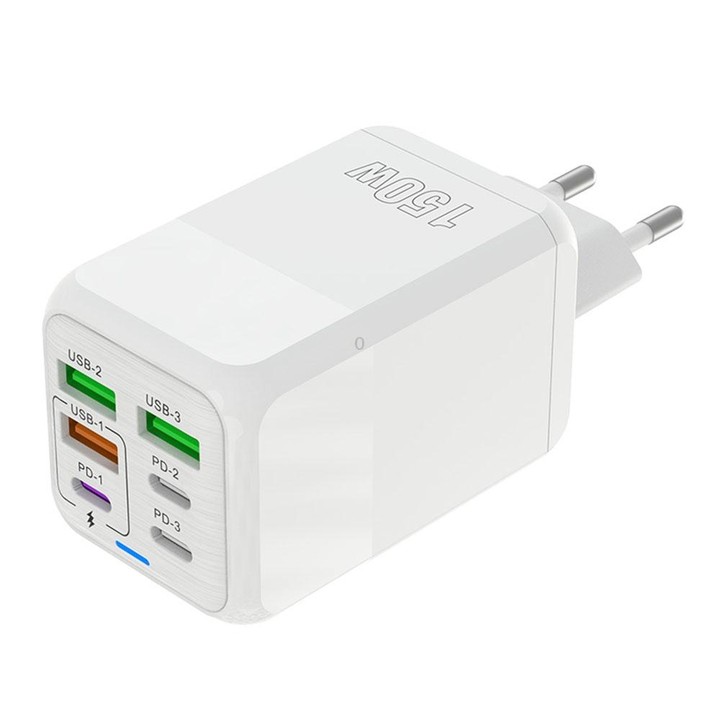 150W 3 x USB + 3 x USB-C / Type-C Multi-port Fast Charger, EU Plug(White)