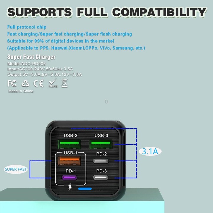 150W 3 x USB + 3 x USB-C / Type-C Multi-port Fast Charger, US Plug(Black)