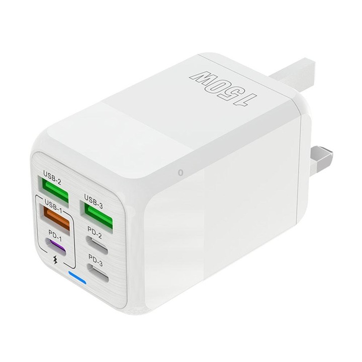 150W 3 x USB + 3 x USB-C / Type-C Multi-port Fast Charger, UK Plug(White)