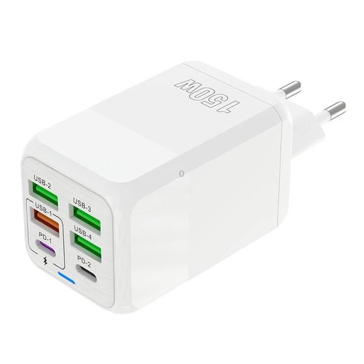 150W 4 x USB + 2 x USB-C / Type-C Multi-port Fast Charger, EU Plug(White)