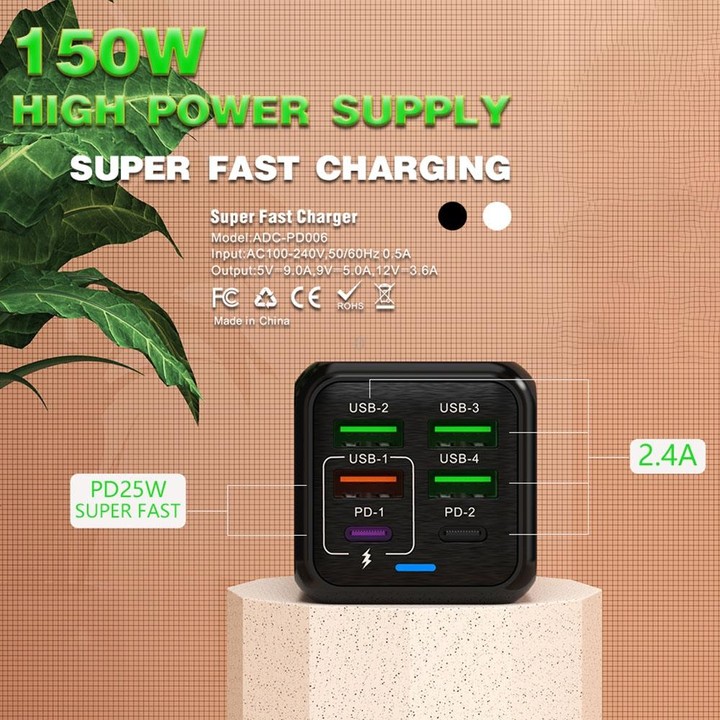 150W 4 x USB + 2 x USB-C / Type-C Multi-port Fast Charger, US Plug(Black)