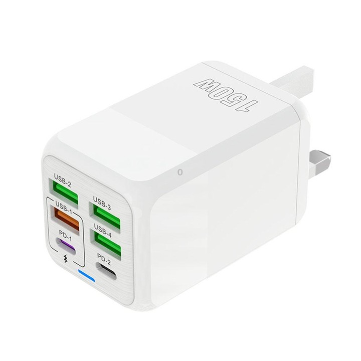 150W 4 x USB + 2 x USB-C / Type-C Multi-port Fast Charger, UK Plug(White)