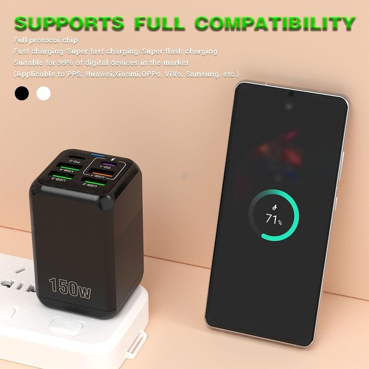 150W 4 x USB + 2 x USB-C / Type-C Multi-port Fast Charger, UK Plug(White)