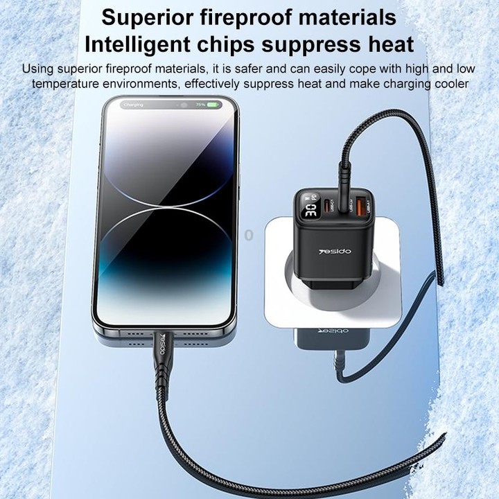 Yesido YC69 30W USB + Dual USB-C / Type-C Digital Display Charger, Specification:EU Plug(Black)