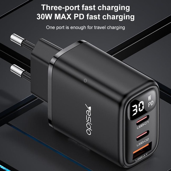 Yesido YC69 30W USB + Dual USB-C / Type-C Digital Display Charger, Specification:EU Plug(Black)