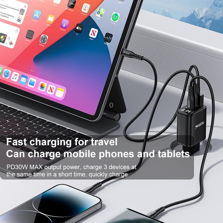 Yesido YC69 30W USB + Dual USB-C / Type-C Digital Display Charger, Specification:EU Plug(Black)