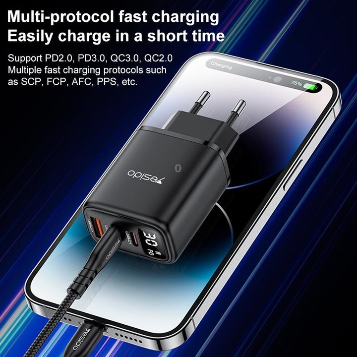 Yesido YC69 30W USB + Dual USB-C / Type-C Digital Display Charger, Specification:EU Plug(Black)