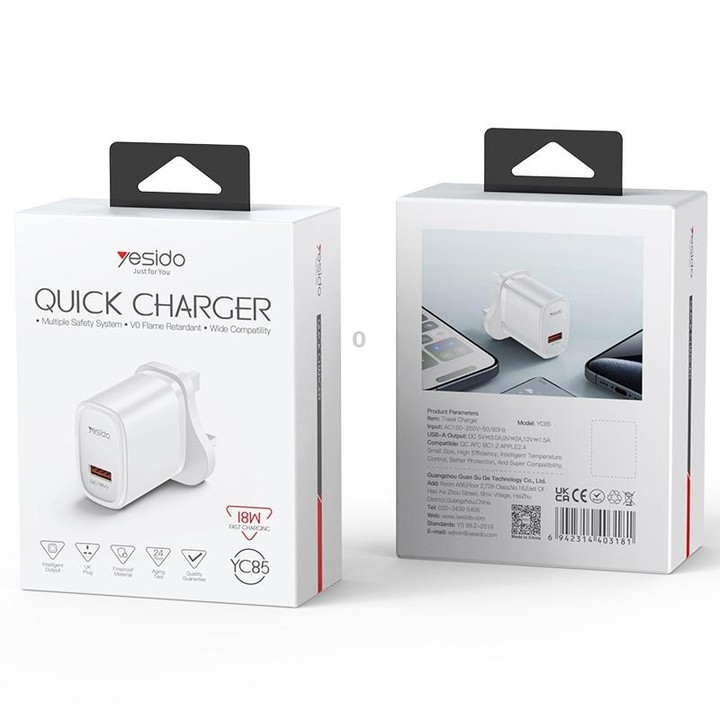 Yesido YC85 PD 18W USB Fast Charger, Specification:UK Plug(White)