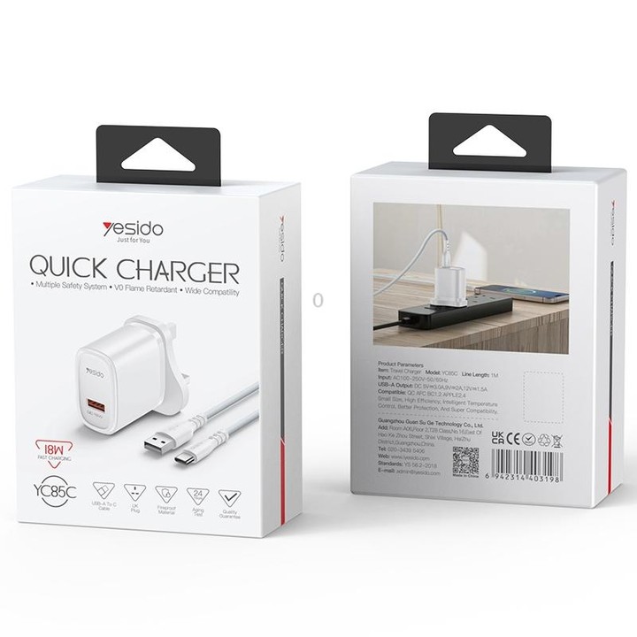Yesido YC85C 18W USB Fast Charger with USB to USB-C / Type-C Cable, Specification:UK Plug(White)
