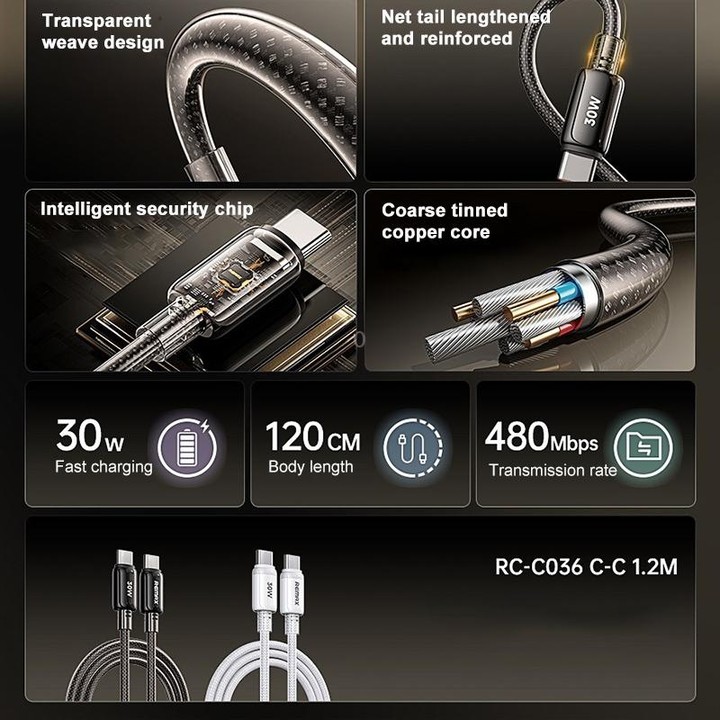 REMAX RC-C036 1.2m 30W Type-C to Type-C Transparent Braided Fast Charging Cable(Black)