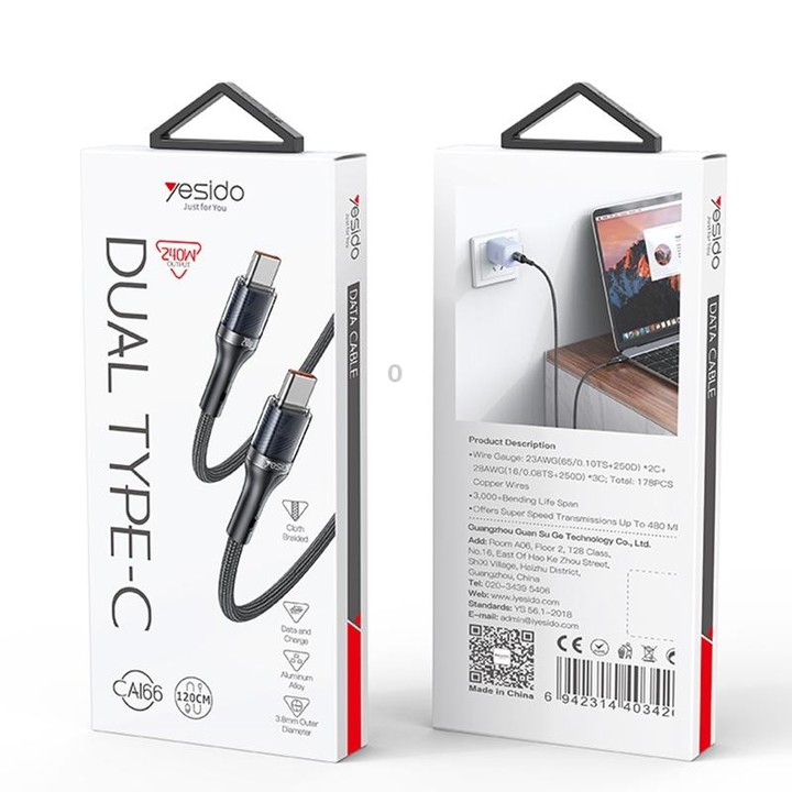 Yesido CA166 PD 240W USB-C / Type-C to USB-C / Type-C Super Fast Charging Data Cable, Length:1.2m(Black)