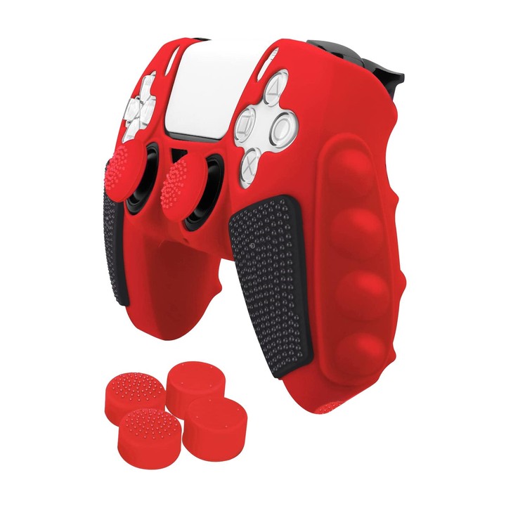 For Sony PS5 Splicing Color Silicone Gamepad Protective Case with Rocker Caps(Red Black)