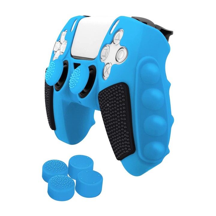 For Sony PS5 Splicing Color Silicone Gamepad Protective Case with Rocker Caps(Blue Black)
