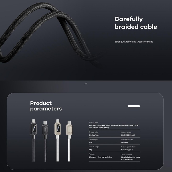 REMAX RC-C069 1.2m 100W Type-C to Type-C Digital Display Braided Fast Charging Cable(Black)