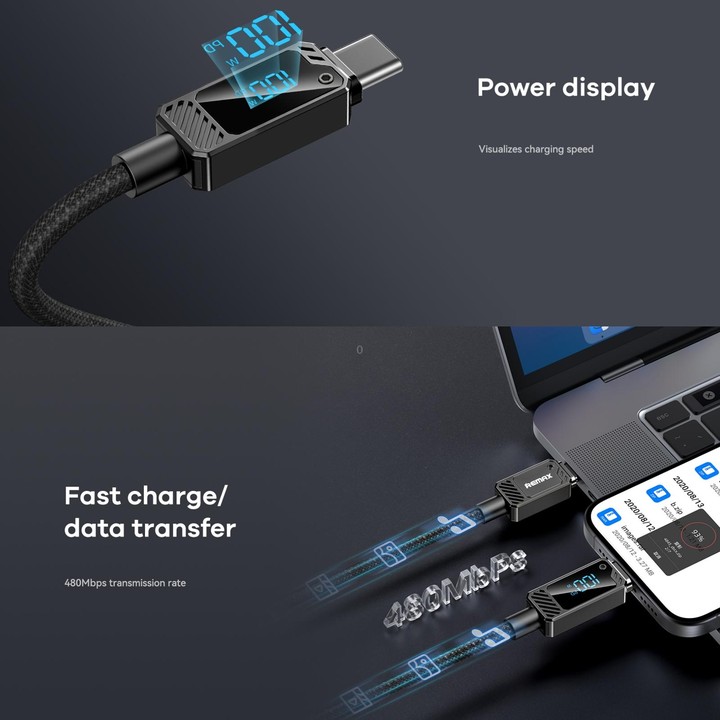 REMAX RC-C069 1.2m 100W Type-C to Type-C Digital Display Braided Fast Charging Cable(Black)