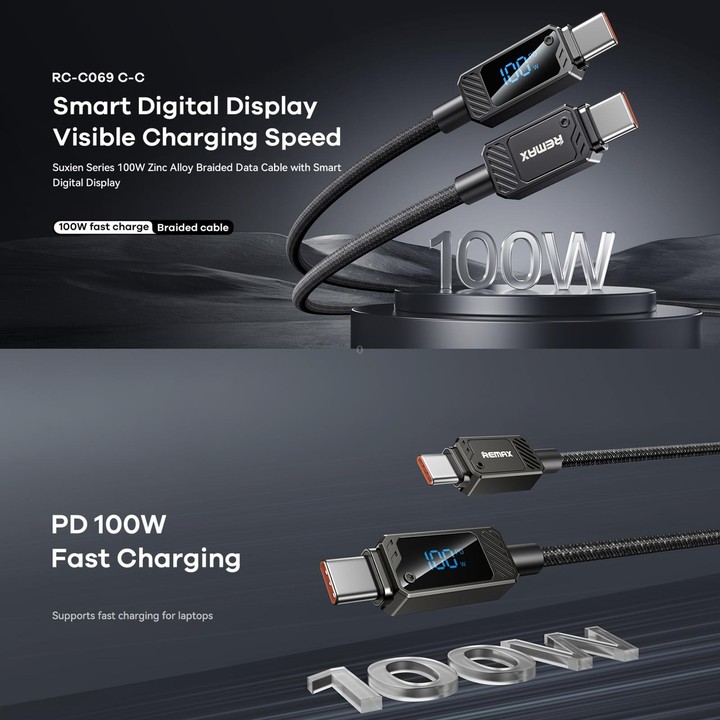 REMAX RC-C069 1.2m 100W Type-C to Type-C Digital Display Braided Fast Charging Cable(Black)