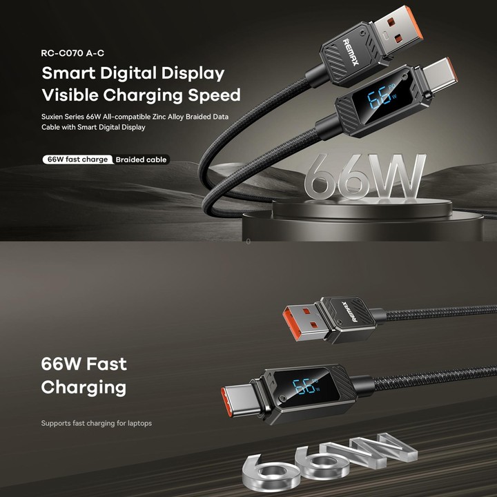 REMAX RC-C070 1.2m 66W USB to Type-C Digital Display Braided Fast Charging Cable(Black)