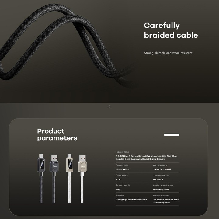 REMAX RC-C070 1.2m 66W USB to Type-C Digital Display Braided Fast Charging Cable(Black)