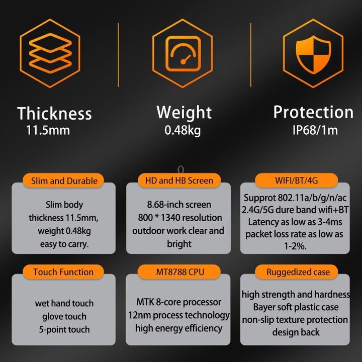 CENAVA A868T IP68 Rugged Tablet PC, 8GB+128GB, 8.68 inch Android 13 MT8788 Octa Core, 4G Network(EU Plug)