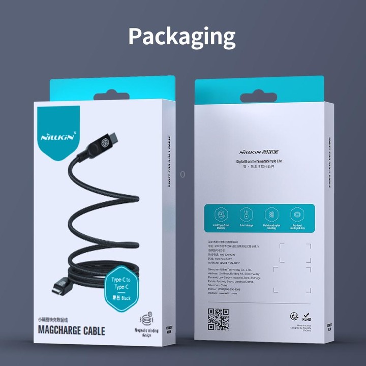 NILLKIN 100W USB-C/Type-C to USB-C/Type-C Small Magnetic Coil Fast Charging Data Cable, Length: 1m(Black)