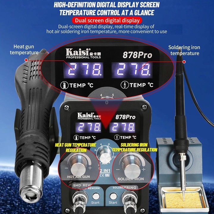 Kaisi 878Pro 2 in 1 Smart Sleep Lead-free Digital Display Hot Air Gun Soldering Iron Station, Plug:US Plug