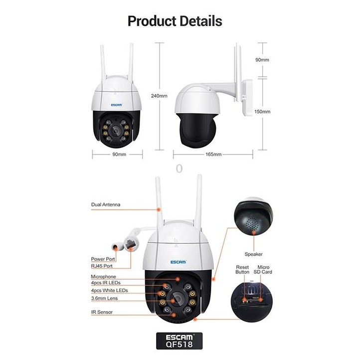 ESCAM QF518 5MP Smart WiFi IP Camera, Support AI Humanoid Detection / Auto Tracking / Dual Light Night Vision / Cloud Storage /