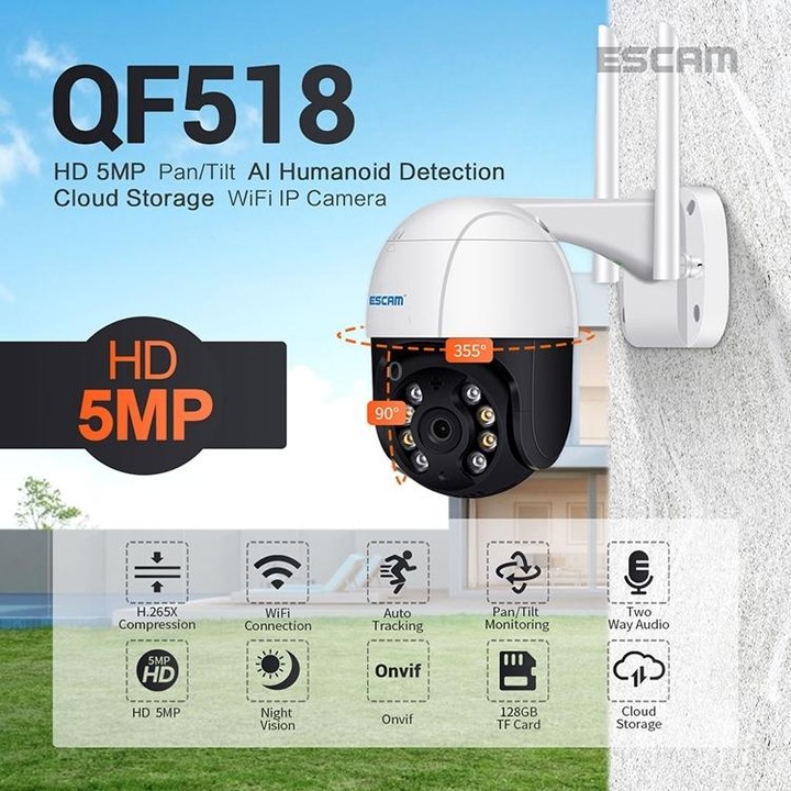 ESCAM QF518 5MP Smart WiFi IP Camera, Support AI Humanoid Detection / Auto Tracking / Dual Light Night Vision / Cloud Storage /