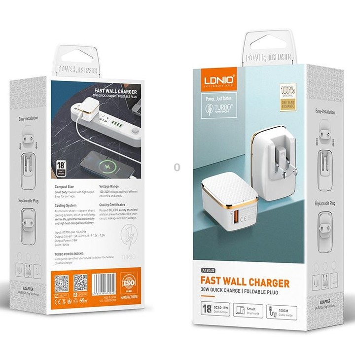 LDNIO A1204Q QC3.0 18W USB Fast Charger with 1m USB to Micro USB Cable, Plug Type:EU Plug(White Gold)
