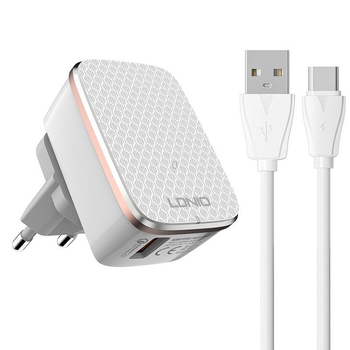 LDNIO A1204Q QC3.0 18W USB Fast Charger with 1m USB to USB-C / Type-C Cable, Plug Type:EU Plug(White Gold)