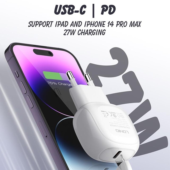 LDNIO A1206C PD27W USB-C / Type-C Fast Charger with 1m Type-C Cable, Plug Type:EU Plug(White)