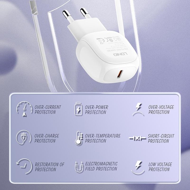 LDNIO A1206C PD27W USB-C / Type-C Fast Charger with 1m Type-C Cable, Plug Type:EU Plug(White)
