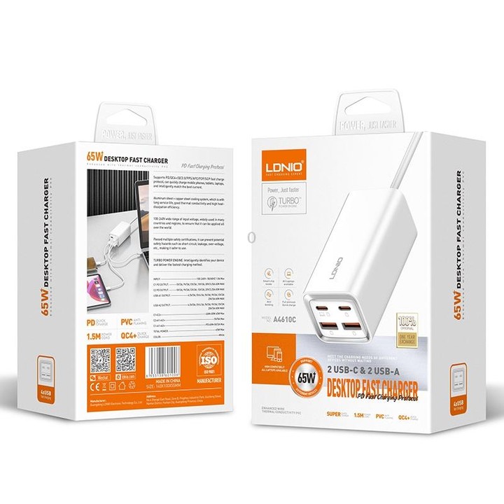 LDNIO A4610C PD65W Dual USB-C / Type-C + Dual USB Fast Charger, Cable Length: 1.5m, Plug Type:EU Plug·(White)