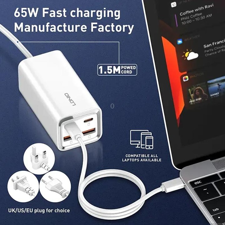 LDNIO A4610C PD65W Dual USB-C / Type-C + Dual USB Fast Charger, Cable Length: 1.5m, Plug Type:UK Plug(White)