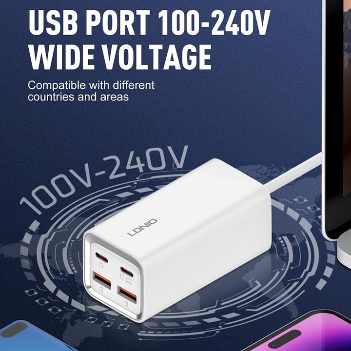 LDNIO A4610C PD65W Dual USB-C / Type-C + Dual USB Fast Charger, Cable Length: 1.5m, Plug Type:US Plug(White)