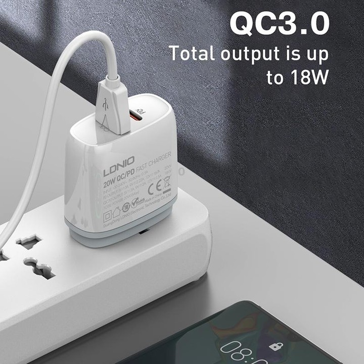 LDNIO Q229 QC3.0 / PD20W USB + Type-C Fast Charger with 1m USB to Micro USB Cable, Plug Type:EU Plug(White)