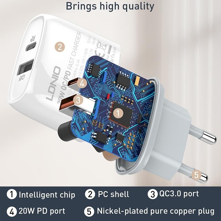LDNIO Q229 QC3.0 / PD20W USB + Type-C Fast Charger with 1m USB to Micro USB Cable, Plug Type:UK Plug(White)