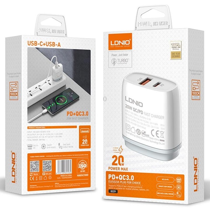 LDNIO Q229 QC3.0 / PD20W USB + Type-C Fast Charger with 1m USB to Type-C Cable, Plug Type:EU Plug(White)