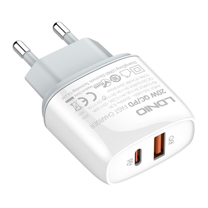 LDNIO Q229 QC3.0 / PD20W USB + Type-C Fast Charger with 1m USB to Type-C Cable, Plug Type:EU Plug(White)
