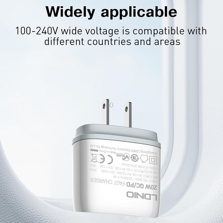 LDNIO Q229 QC3.0 / PD20W USB + Type-C Fast Charger with 1m USB to Type-C Cable, Plug Type:EU Plug(White)