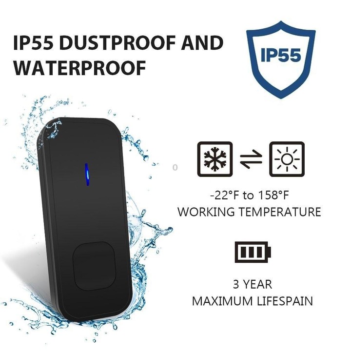 N15K-1T2-B 110dB IP55 Waterproof Wireless Doorbell, Receiver x 2 and Transmitter x 1, US Plug(Black)