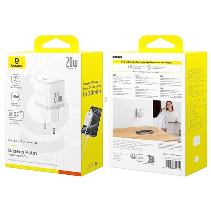 Baseus 1C 20W Type-C Palm Fast Charger, Plug:EU Plug(White)